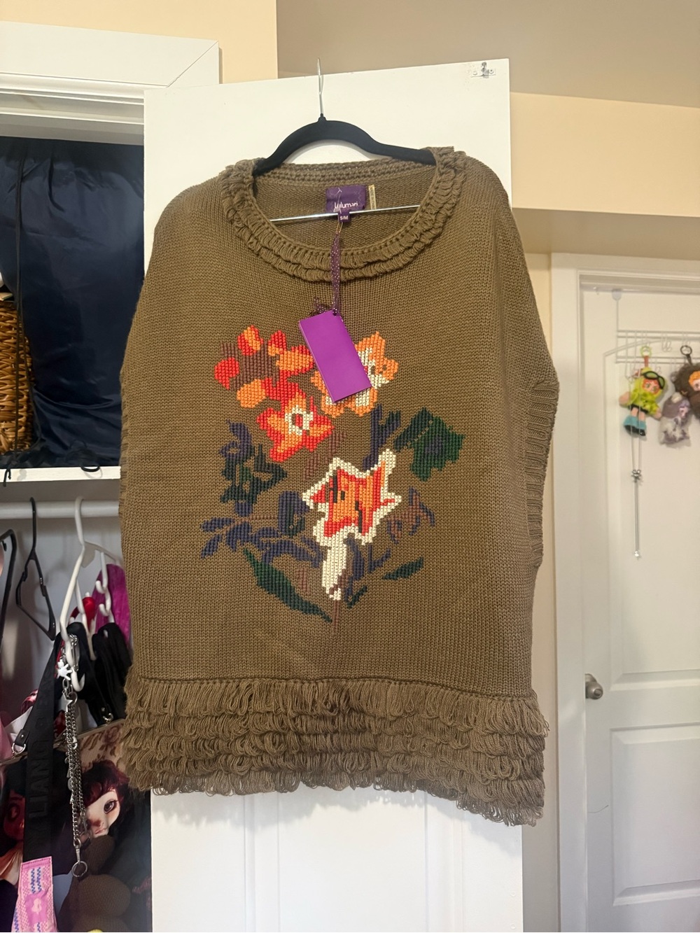Lulumari Olive Green Floral Knit Sweater with Fringed Hem